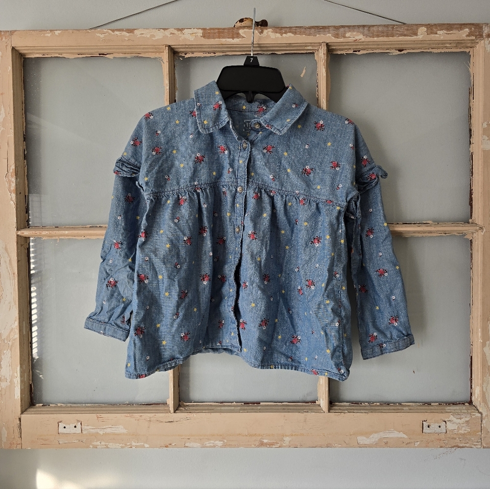 Gap Girls Denim Floral Buttonup Top Med